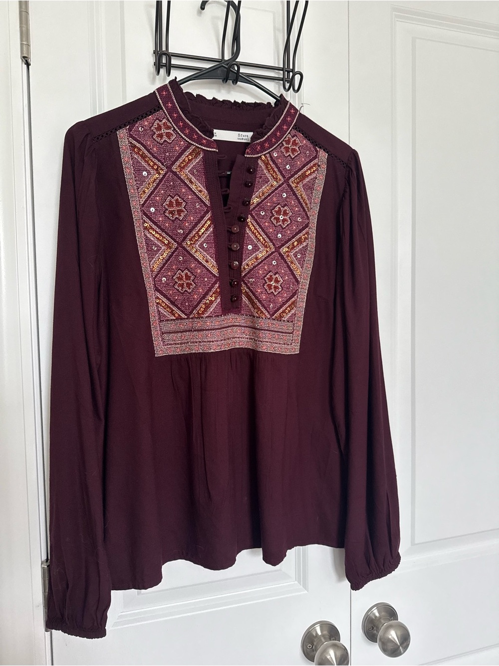 SFERRA Maroon Embroidered Boho Tunic Blouse